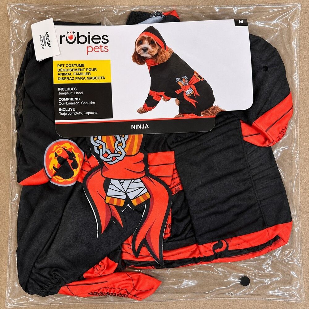 Rubie's Pets Ninja Dog Costume Medium Jumpsuit Hood Black Red Halloween